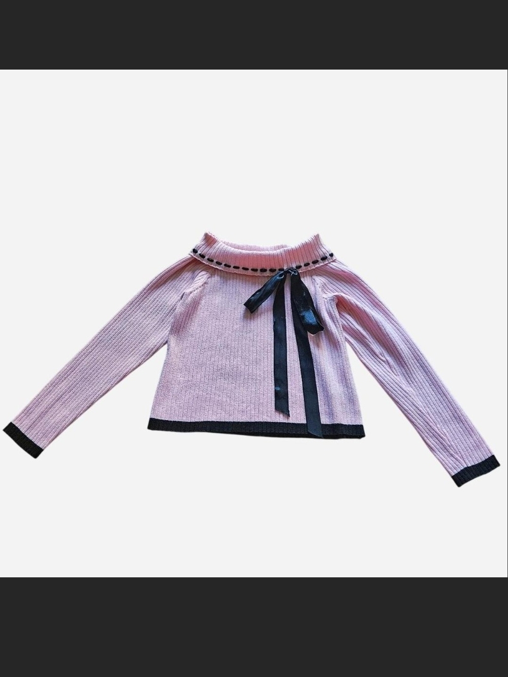 Women's Pink Ribbed Sweater with Black Ribbon Trim
